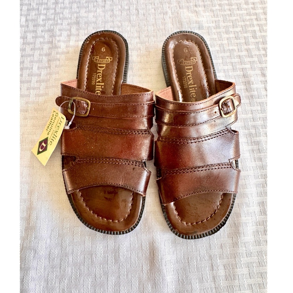 Drexlite Vintage Leather Slide Sandals Womens 6 Brown Boho Buckle 173290